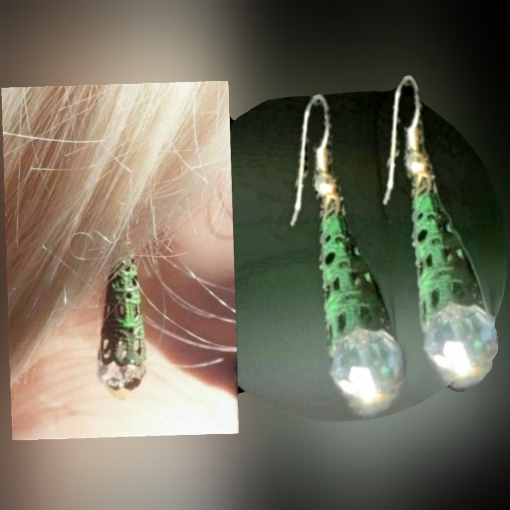Antique art deco Iridescent venetian beads Verdigris filigree drop earrings